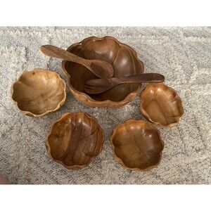7pcs VTG 60s MCM Tiki Hawaiian Serving Bowl Set TEAK Wood Flower Shape Utensils